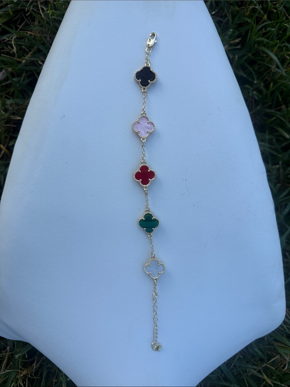 Gold-Tone Clover Link Bracelet with Black, Pink, Red, Green, and White Charms